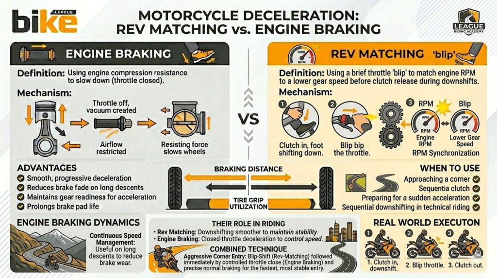 Rev matching vs engine braking in motorcycles infographic showing differences, benefits, RPM behaviour and riding applications