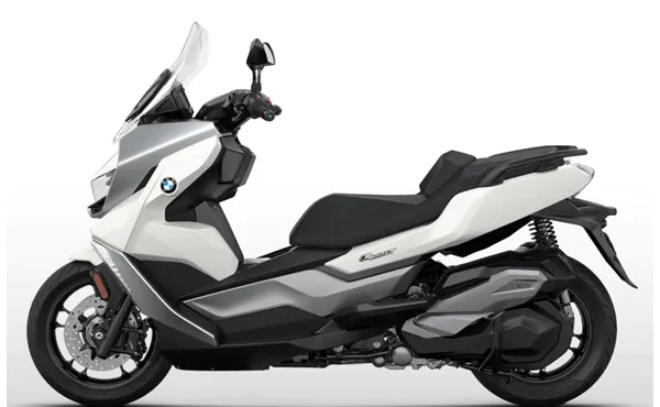 BMW C 400 GT maxi-scooter, side view highlighting its stylish and comfortable design.