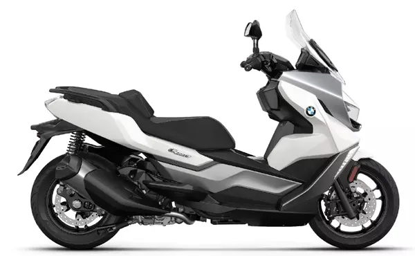 BMW C 400 GT maxi-scooter, rear-side view showcasing its modern design and comfort features.