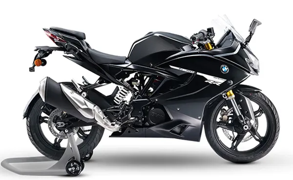 BMW G 310 RR sportbike, front three-quarter view highlighting its sleek and aggressive styling.