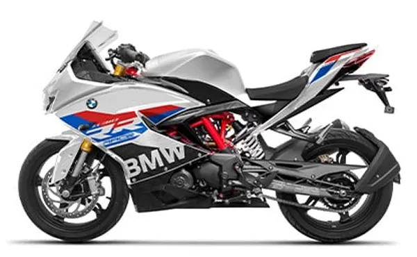 BMW G 310 RR sportbike, rear three-quarter view showcasing its sleek tail design and sporty stance.