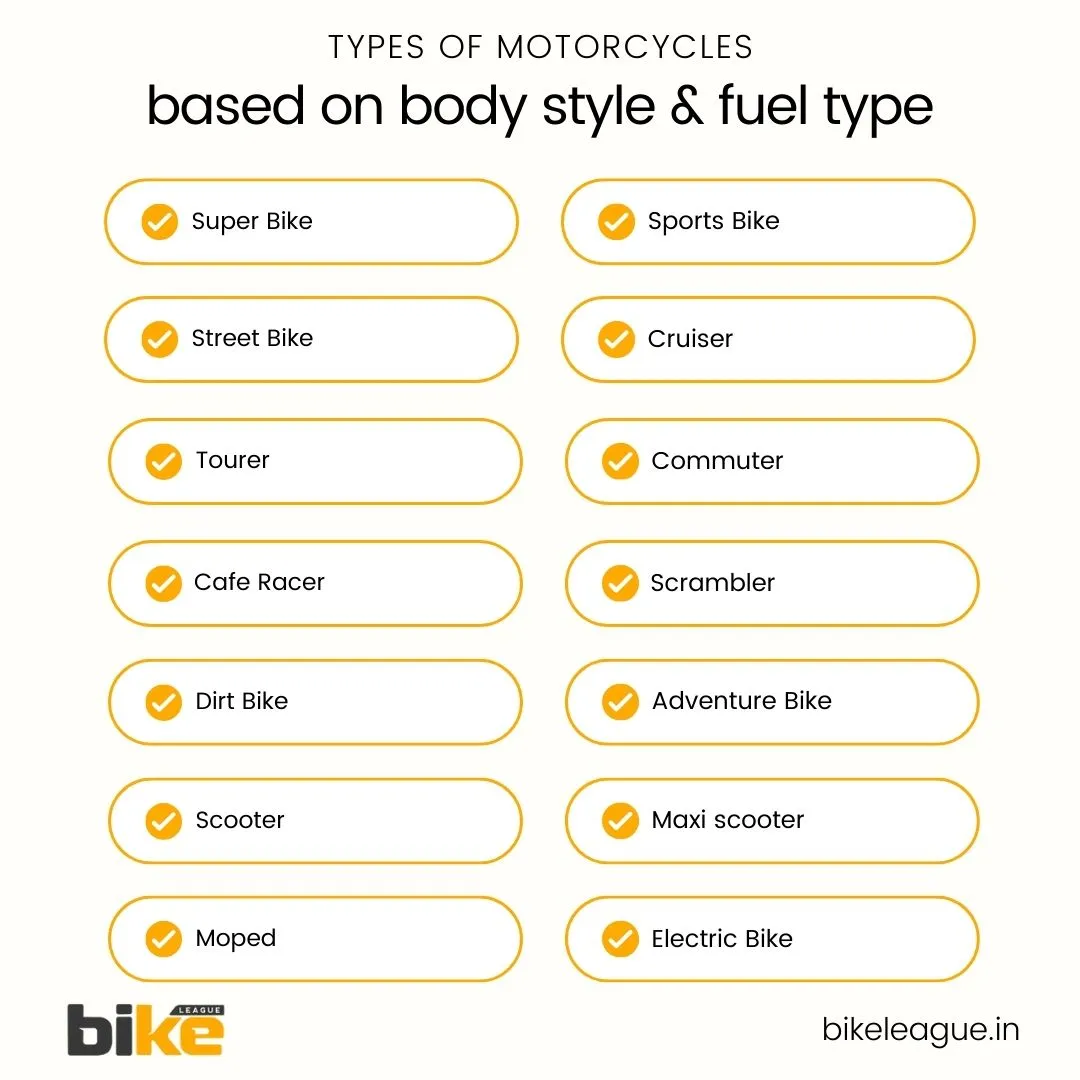 types of motorcycles based on body style & fuel type