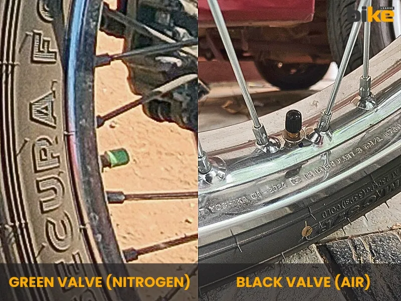Green valve in nitrogen-filled and black valve in air-filled motorcycle tyres