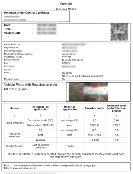 PUC certificate sample in India