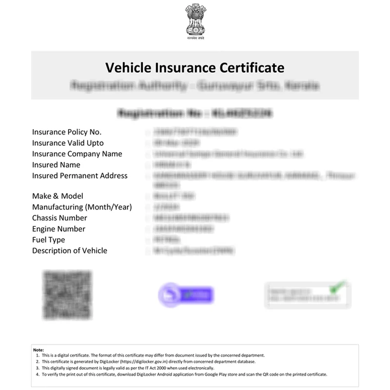 digilocker motorcycle insurance certificate sample in India