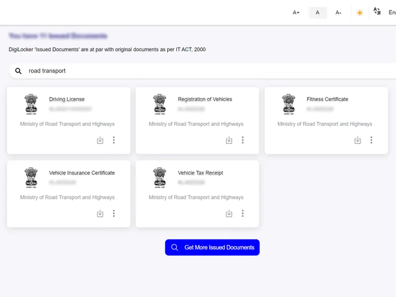 Digital bike documents list in digilocker