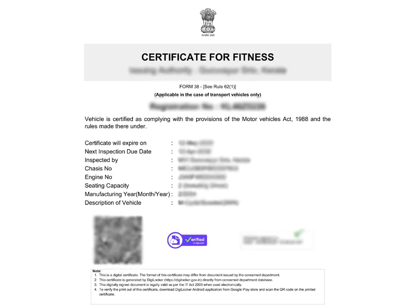Digilocker bike fitness certificate in India