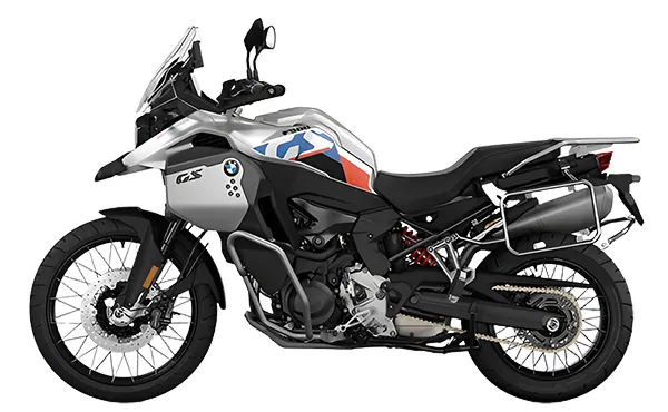 BMW F 900 GS motorcycle, front three-quarter view highlighting its sleek and aggressive design.
