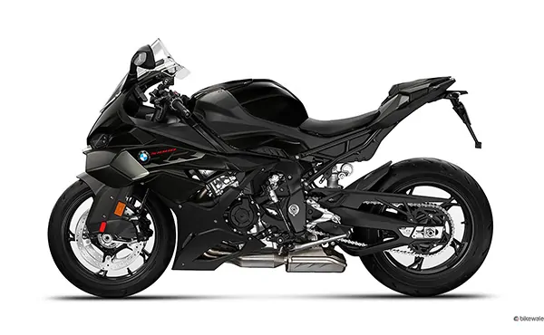 Untitled-6 BMW motorcycle, rear three-quarter view showcasing its sleek and aerodynamic design.