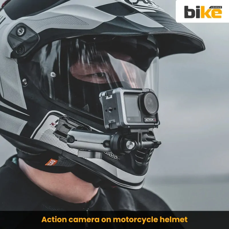 Action camera on motorcycle helmet