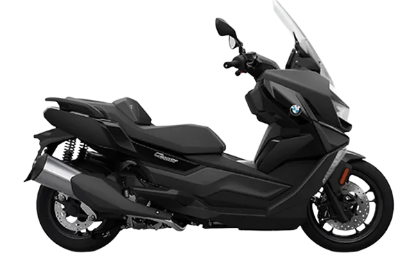 BMW C 400 GT maxi-scooter, front three-quarter view highlighting its sleek and aerodynamic design.