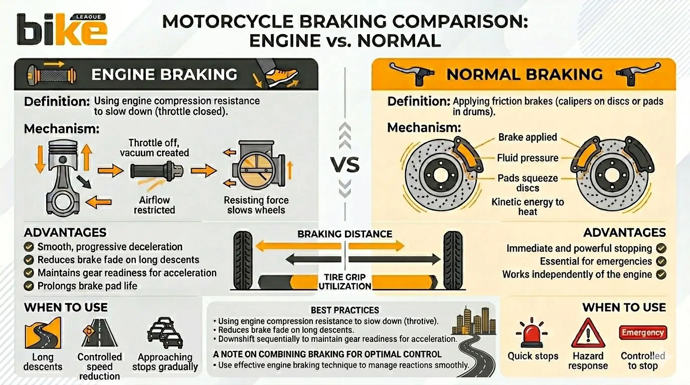 Engine braking vs normal braking in motorcycles infographic comparing braking methods, stopping characteristics, advantages, limitations and ideal usage scenarios