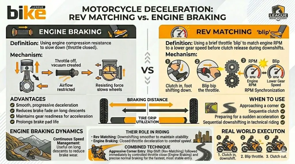 Rev matching vs engine braking in motorcycles infographic showing differences, benefits, RPM behaviour and riding applications